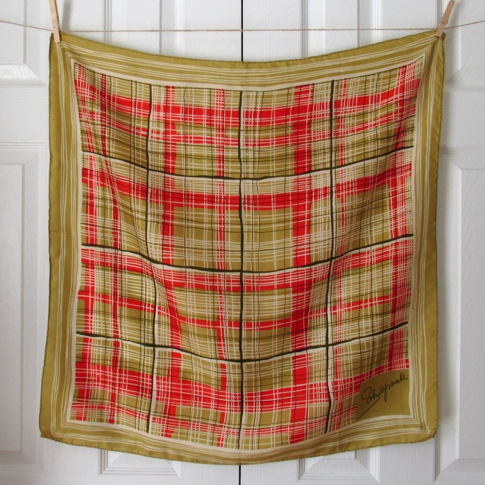 SCHIAPARELLI Vintage Scarf Foulard All Silk Tartan Style Beige Red Tan Designer